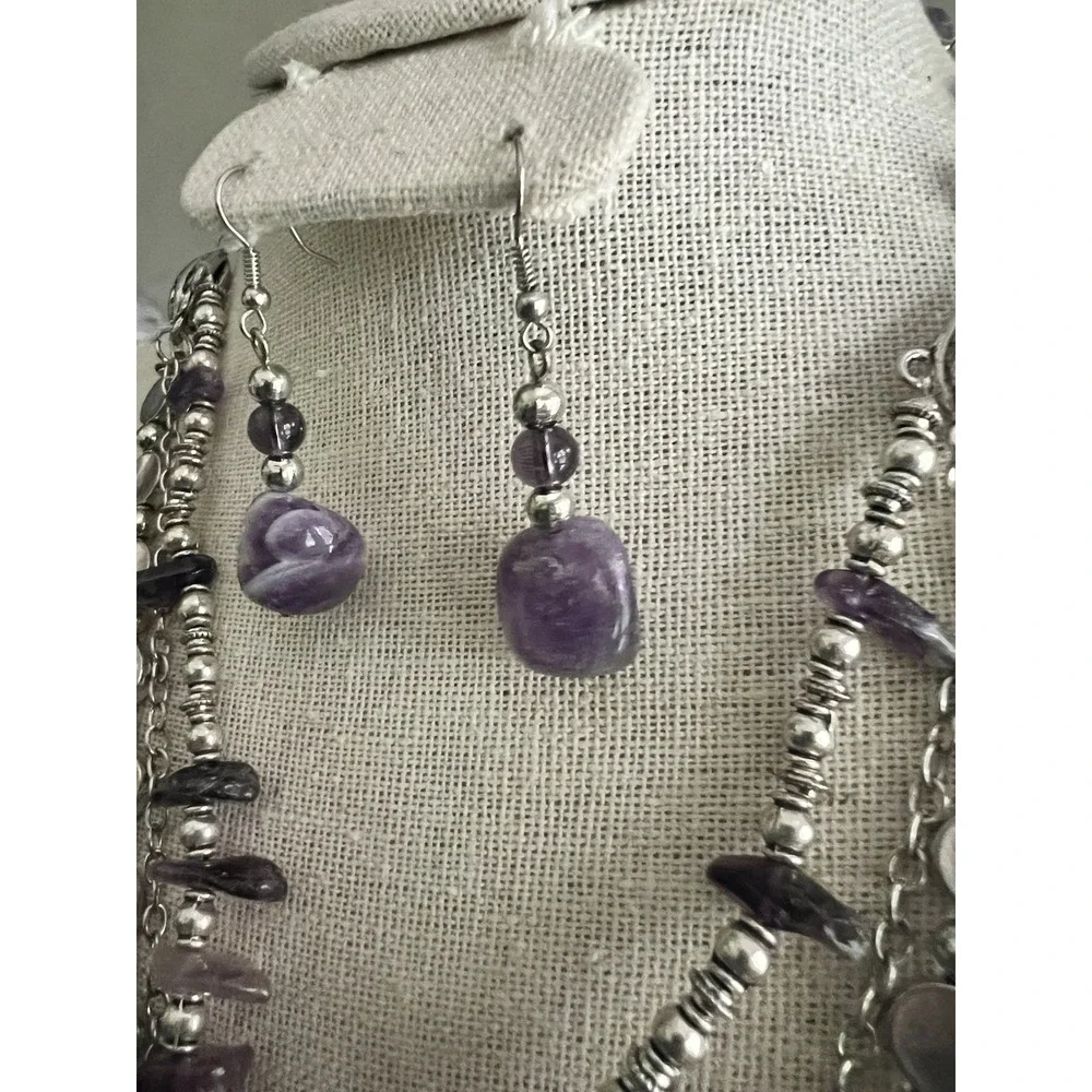 Genuine Amethyst Triple Layer Statement Necklace And Earrings Set 19